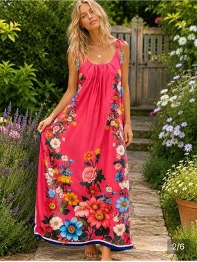 Feminine Pink Floral Tie-Shoulder Maxi Dress